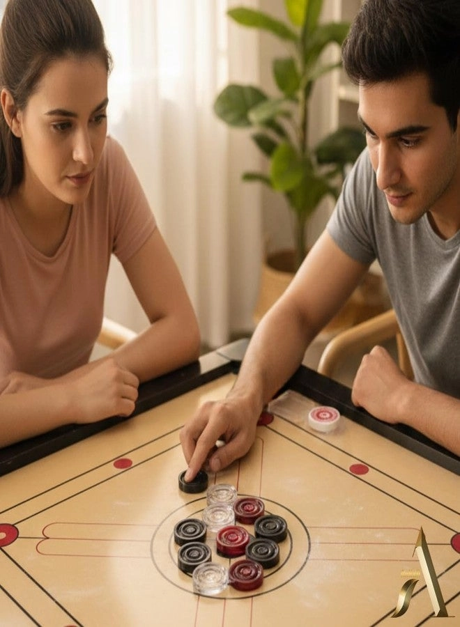 Crystal Carrom Coins - 20 Coins (9 Black + 9 White + 2 Red Queen) Tournament Size + Striker + Powder Bottle