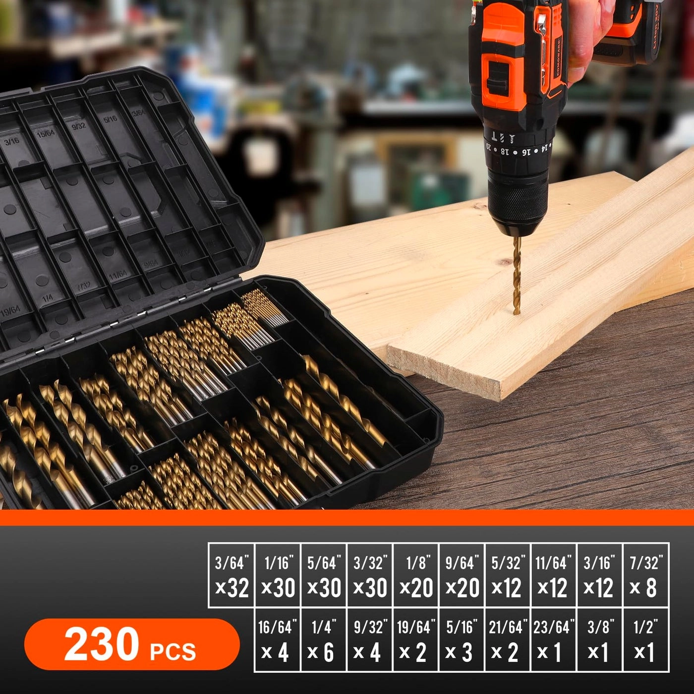 Drill Bit Set - Titanium Coated 230 Pcs 3/64" to 1/2"