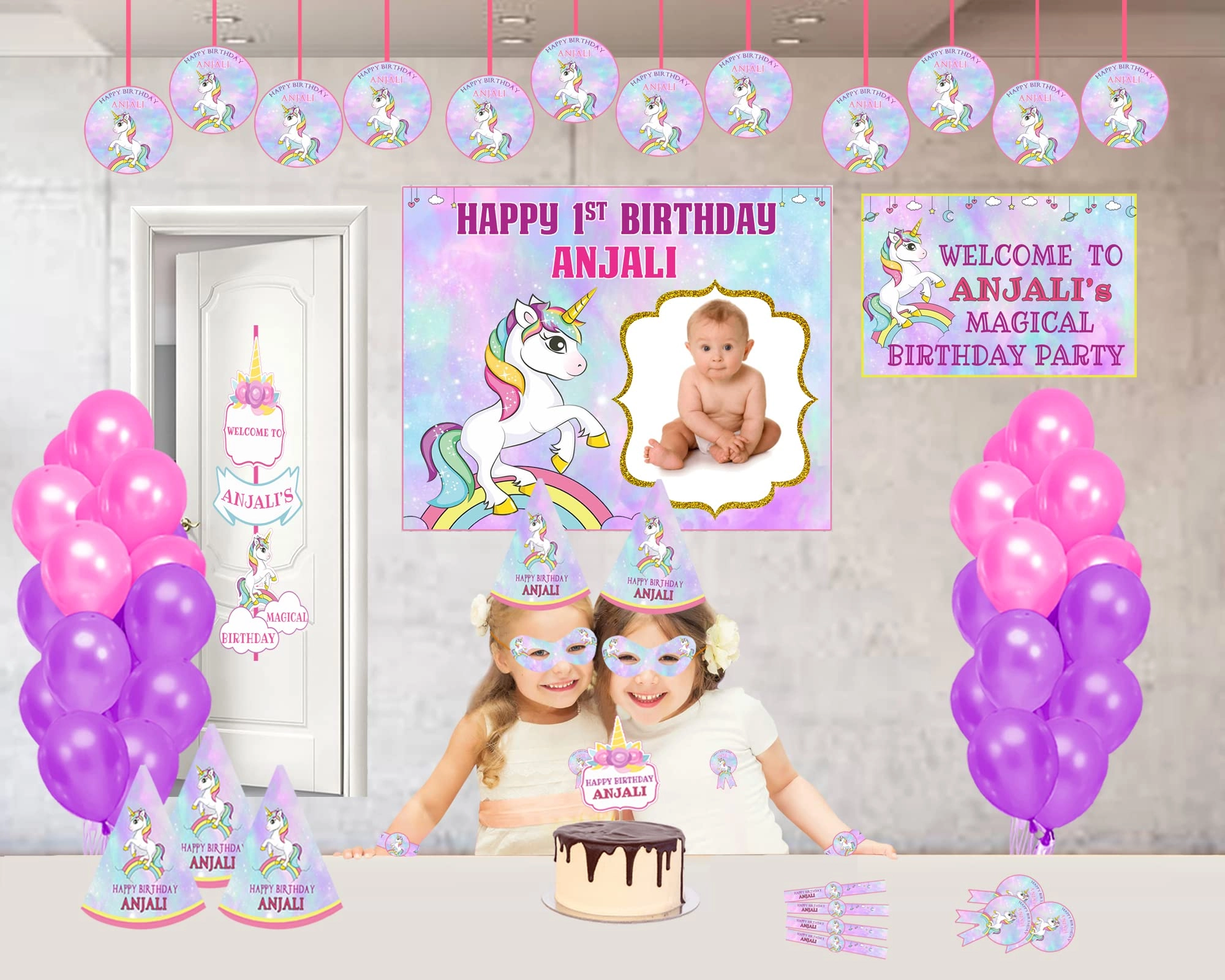 WoW Party Studio Background Picture Banner + Cake Topper + Party Caps + Door Welcome Banner + Welcome Poster + Ceiling Hangings + Wristbands + Eyemasks + Latex Balloons + Badges - 100 Pcs Happy Birthday