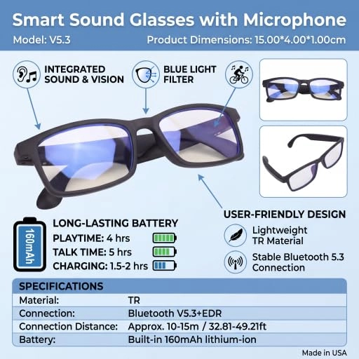 Smart Sound Glasses - Bluetooth V5.3 Blue Light Blocking 160mAh