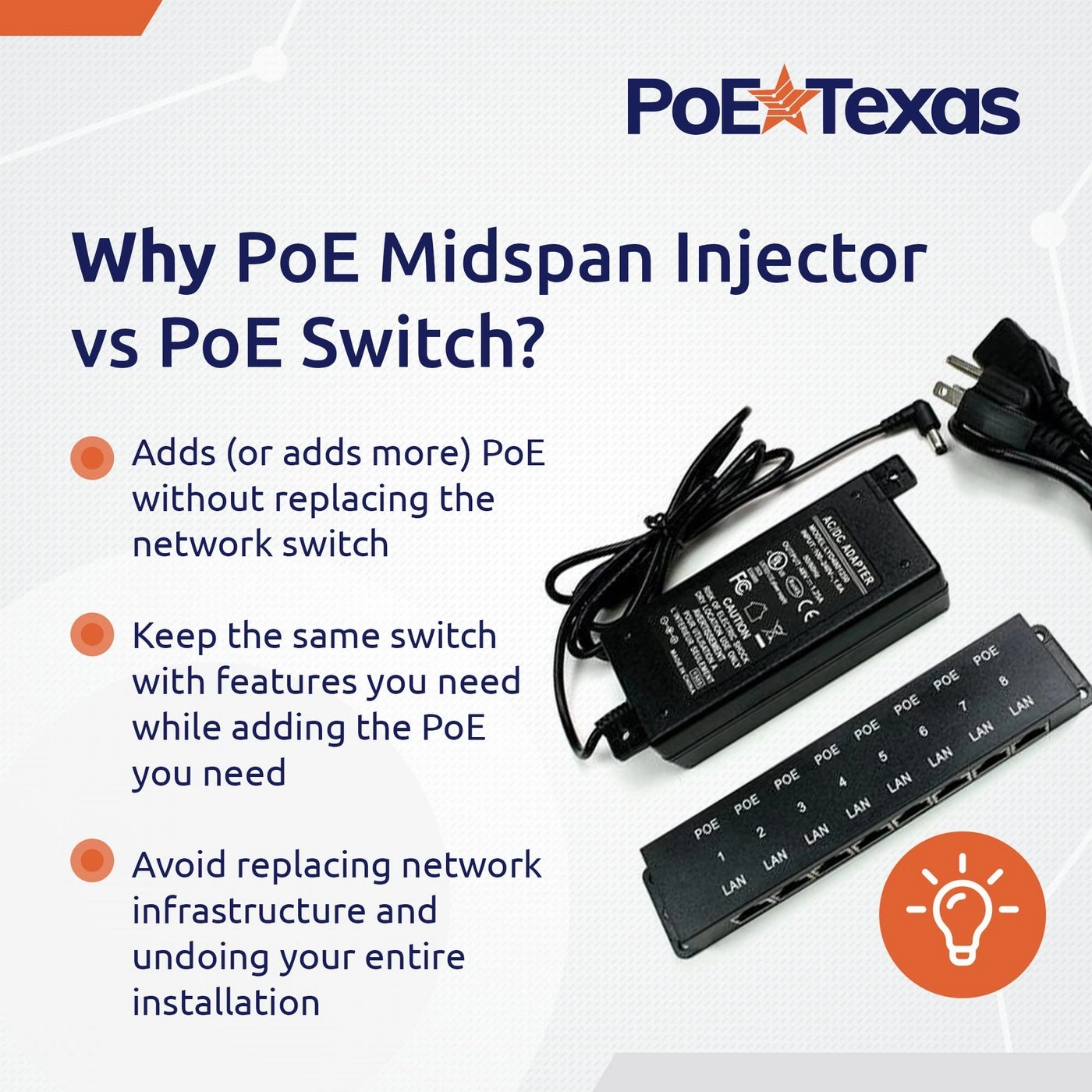 POE-8-48v60w - 48V 60W 8-Port 802.3af 802.3at 10/100 Mbps