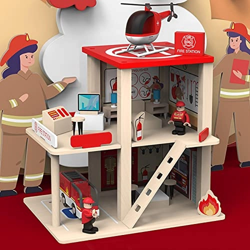 Pink Princess Wooden Dollhouse + Miniature Fire Station Wooden Dollhouse + Station Wooden Dollhouse