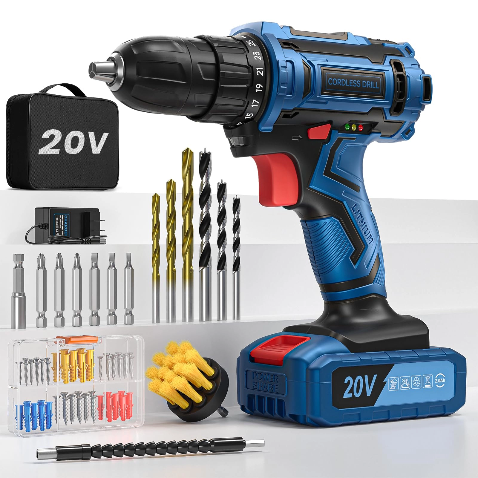 FAHEFANA Cordless Drill Driver - 2E+3 Milliamp Hours
