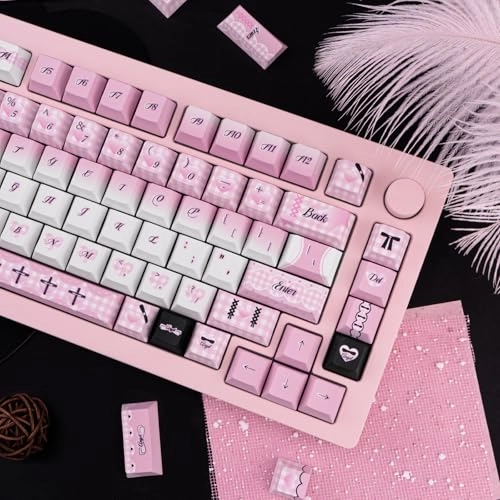 Gradient Cute Pink and White Keycaps Set - ANSI/ISO Keycaps Puller