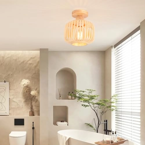 Retro Rattan and Wood Bohemian Design Ceiling Light