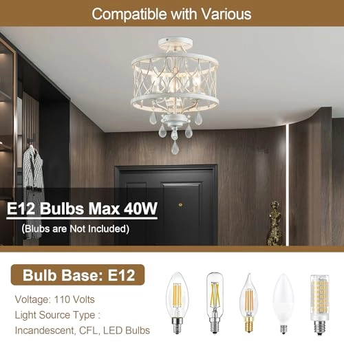 Crystal Ceiling Light Fixture - 3-Light Semi Flush Mount White