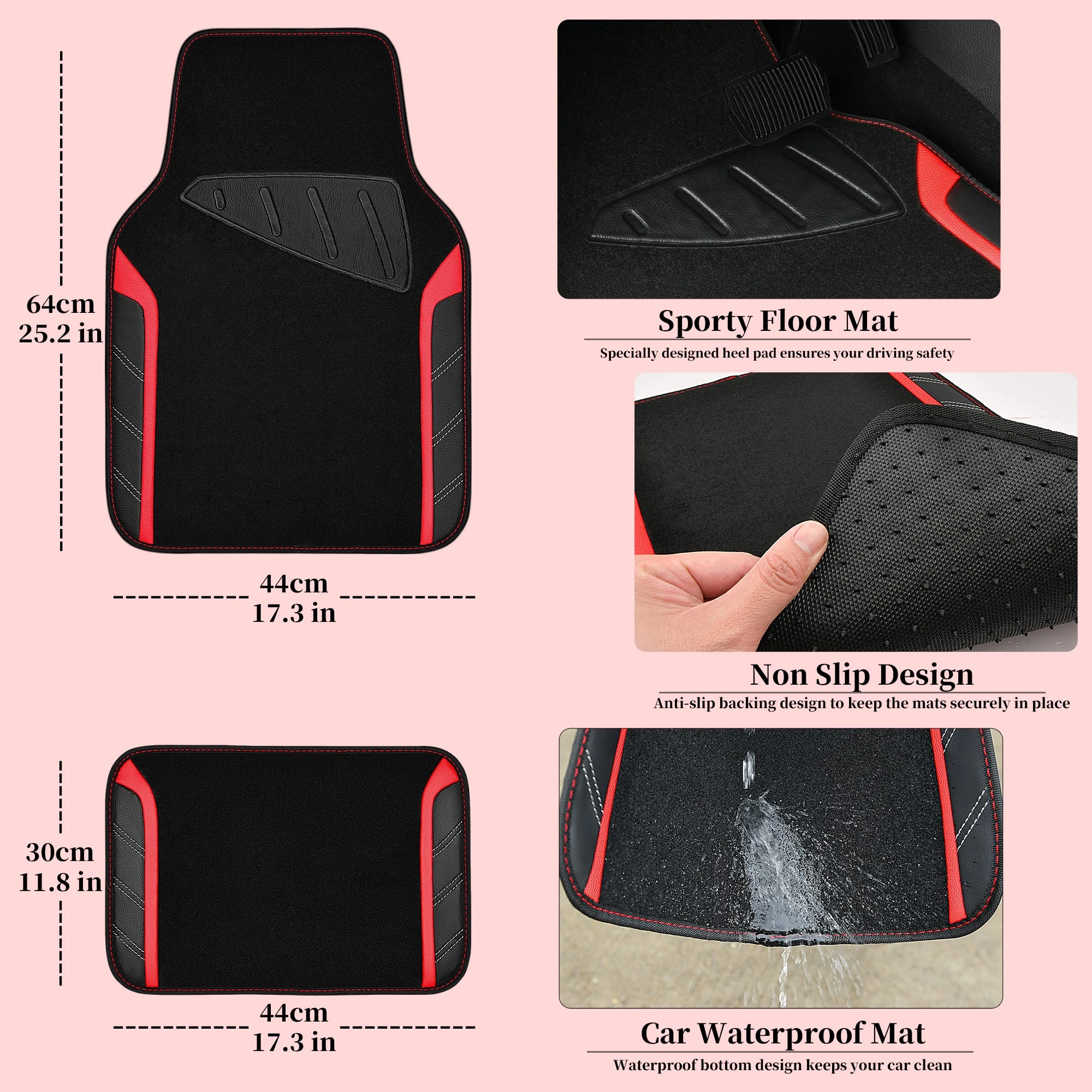 Car Seat Covers - Air Mesh Leather + Car Floor Mats - Waterproof + Steering Wheel Cover - Sporty