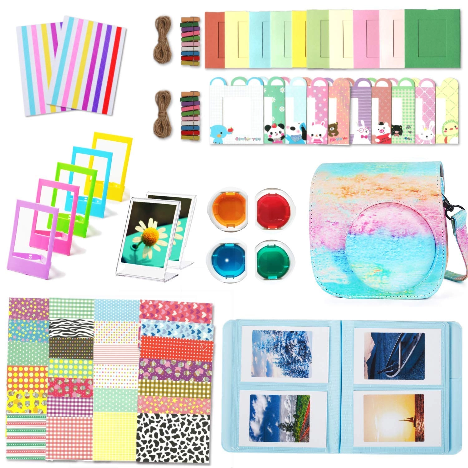 Camera case - Magic Blue + Mini Album - 64 Pockets + Close-up lens - Self-portrait mirror + Color Filters - 4 Colors + Photo frame - 5 Colors + Hanging Photo frame + Sticker Borders + Corner Sticker + Card Making Pen