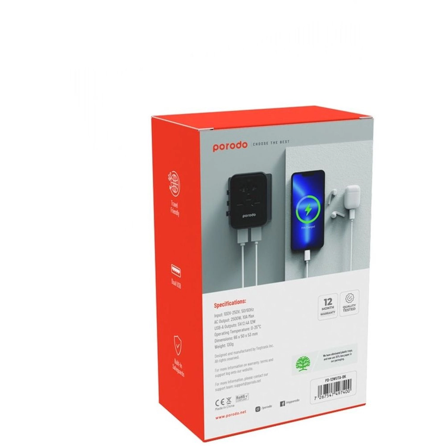 Dual USB-A Universal Travel Adapter - 2.4A Black