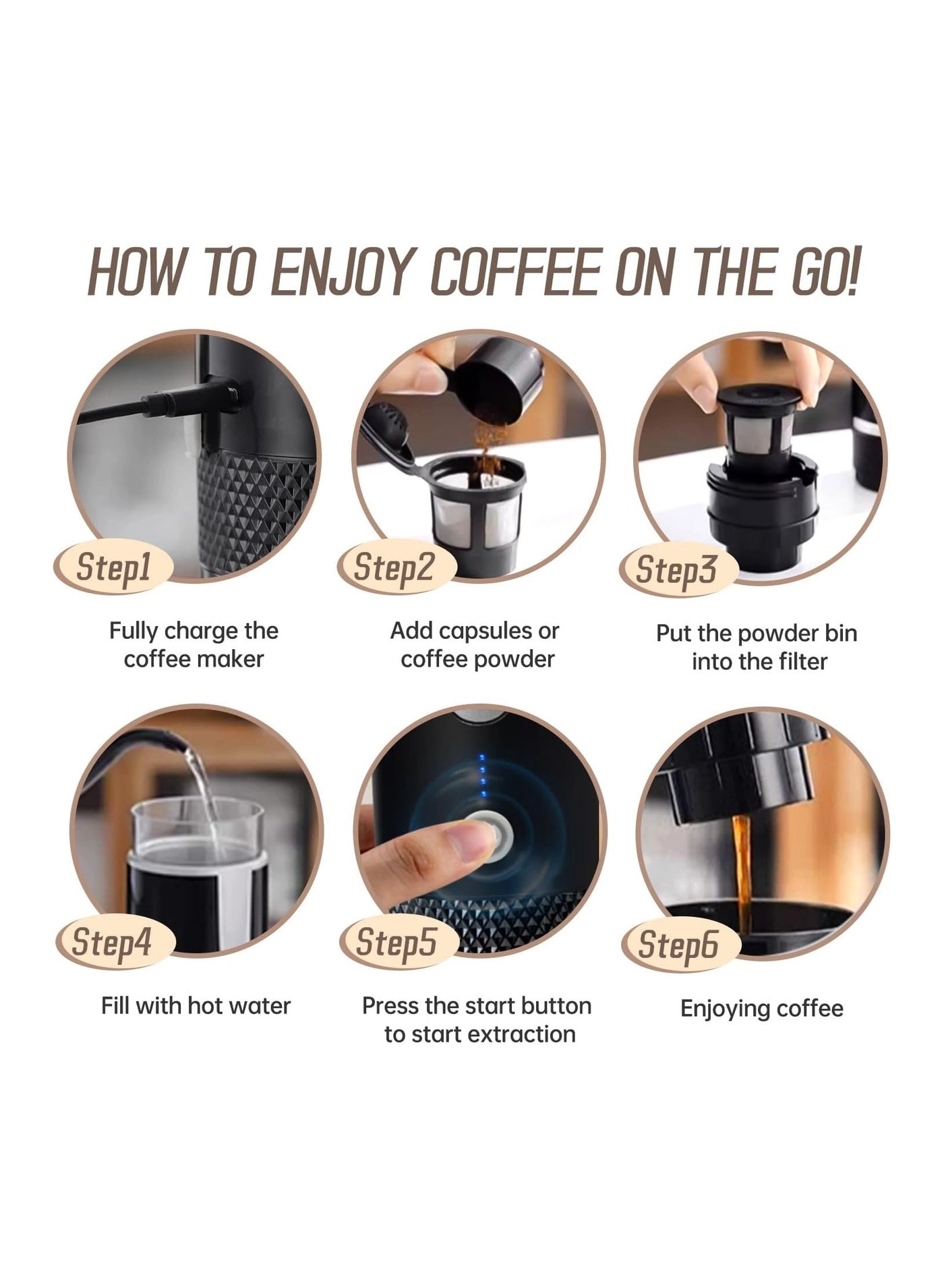 Portable Coffee Maker - 170ml Rechargeable Type-C Capsule & Ground Compatible
