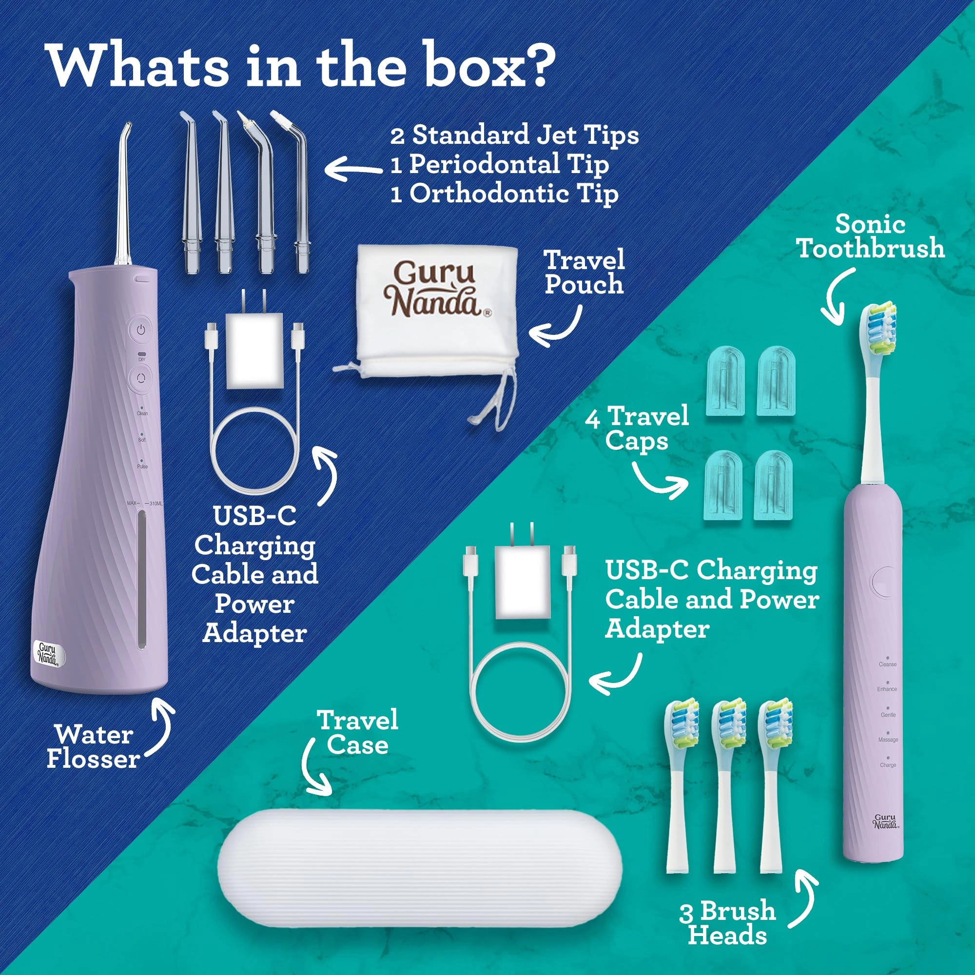 Lion & Lamb Kit 2.0 - 4 Brush Heads Lavender + Water Flosser - 4 Jet Tips IPX7 Waterproof