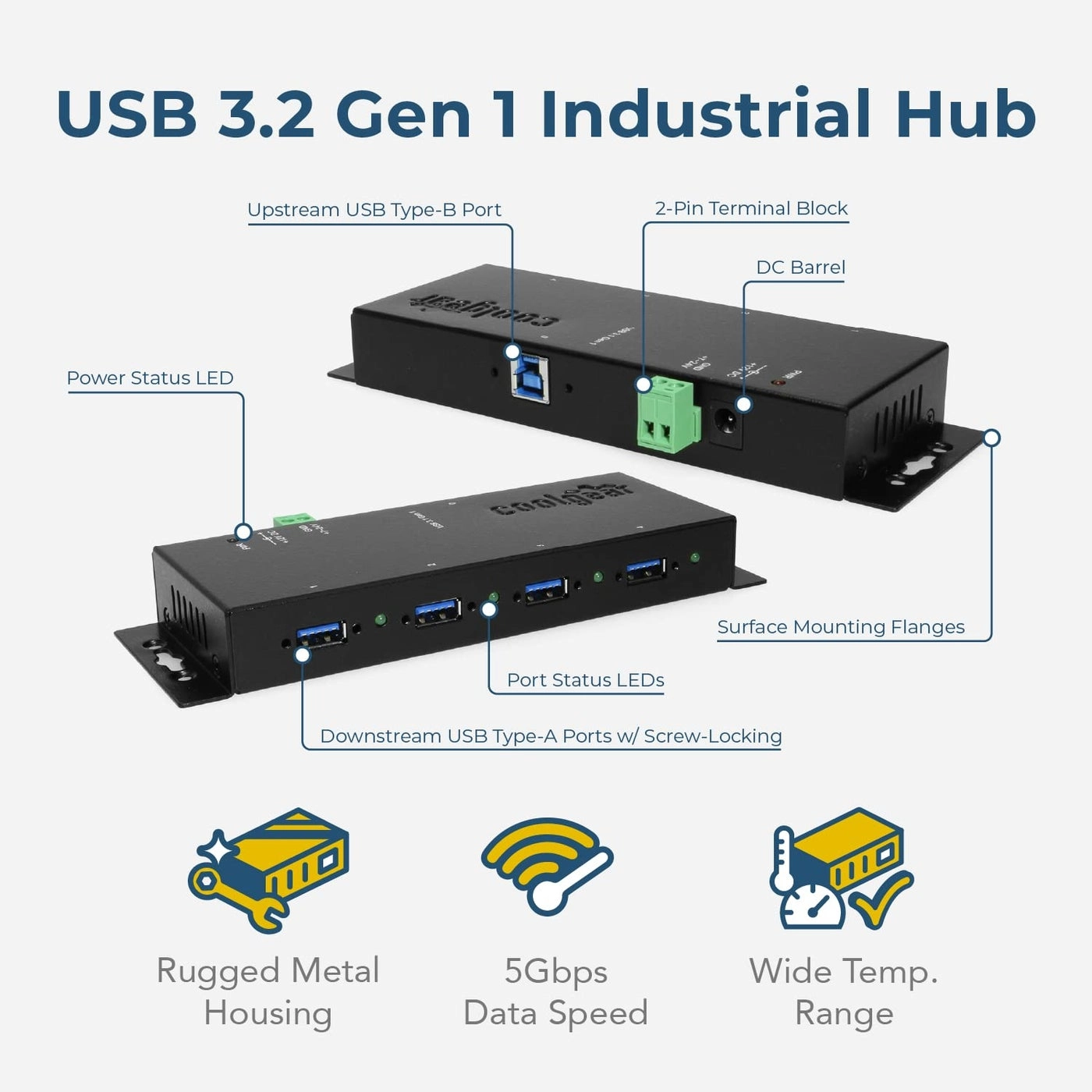 USB 3.2 Gen 1 4-Port Industrial Hub - Type B connector
