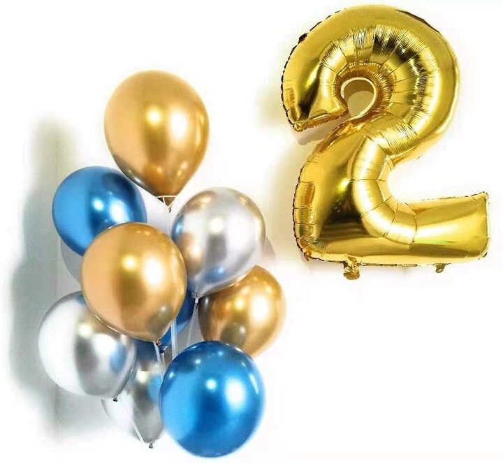 Party Time Trading LLC Number 2 Gold Foil Balloon + Latex Balloons - Pack of 9 2nd Birthday
