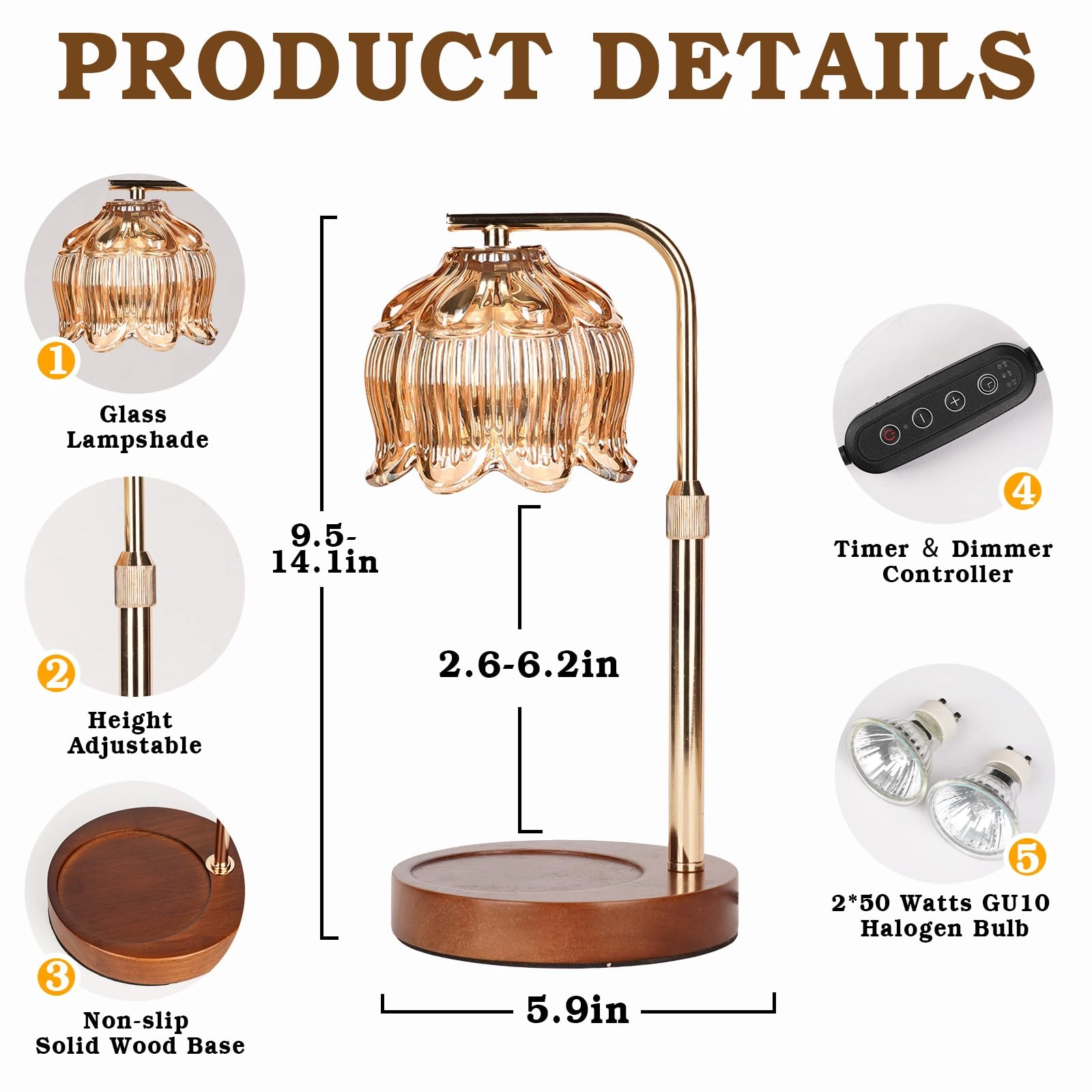 Candle Warmer Lamp - Height Adjustable Timer 2 Bulbs