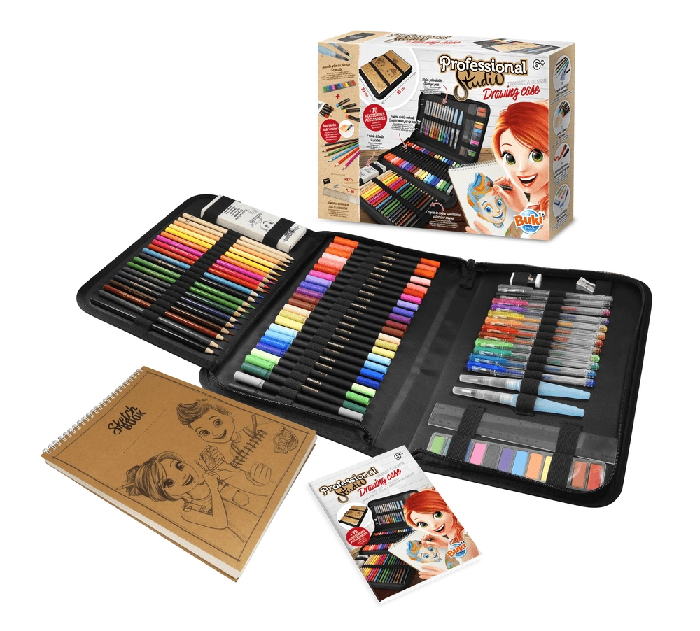 Professional Studio Drawing Kit - 1 case with handle, one 35 sheet sketch pad -300 g, 2 refillable water brushes, 12 cakes of paint, 8 oil pastels, 24 double-ended felt-tip pens, 18 watercolour pencils, 12 gel pens, 2 pencils, 1 rubber, 1 ruler, 1 pencil sharpener and 1 instruction sheet with colour illustrations