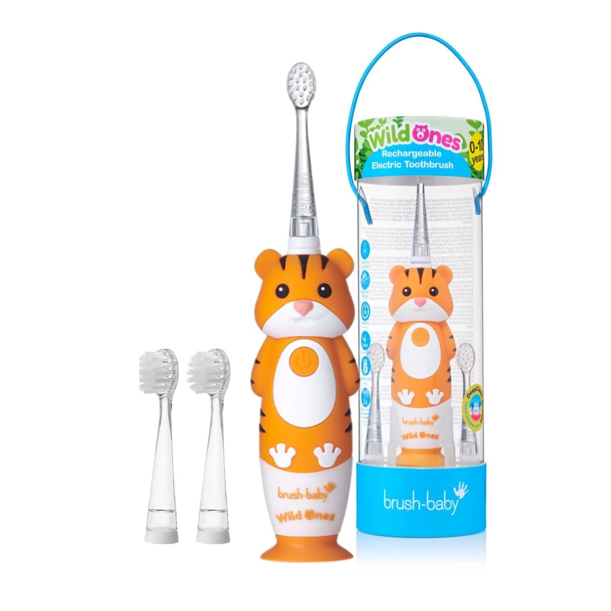 BrushBaby Kids Rechargeable Electric Toothbrush - Fun Tiger Design Dual Mode LED Light