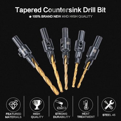 Countersink Drill Bit Set - HSS 4241 (Titanium Coating) 5 Pieces #6 #8 #10 #12 #14
