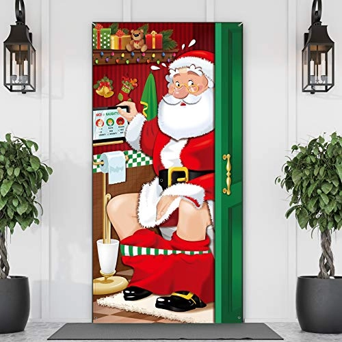 Christmas Santa Restroom Door Cover - Polyester Fabric 70.9 x 35.4 Inch