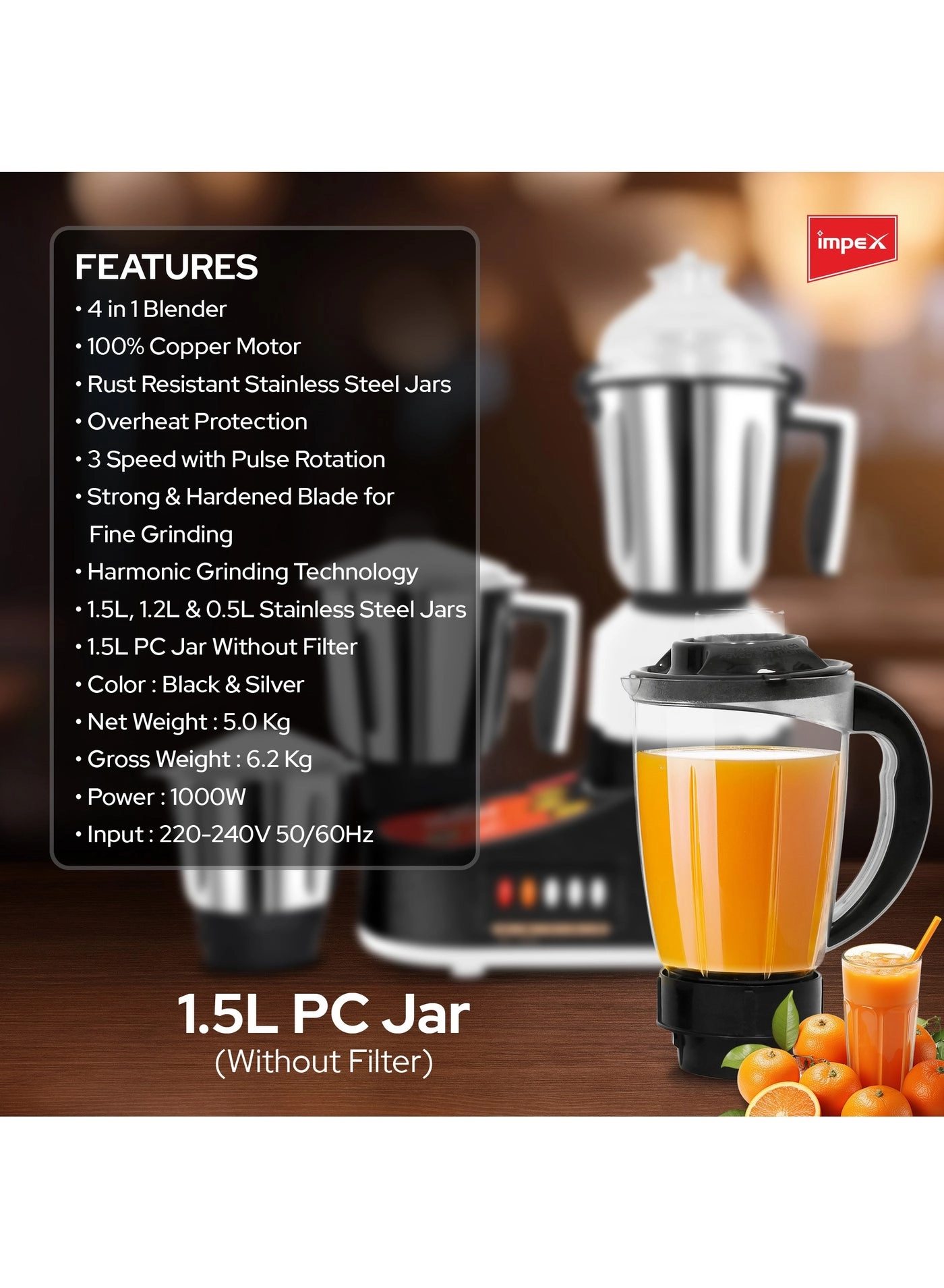 4-in-1 Mixer Grinder - 1.5L 1000W