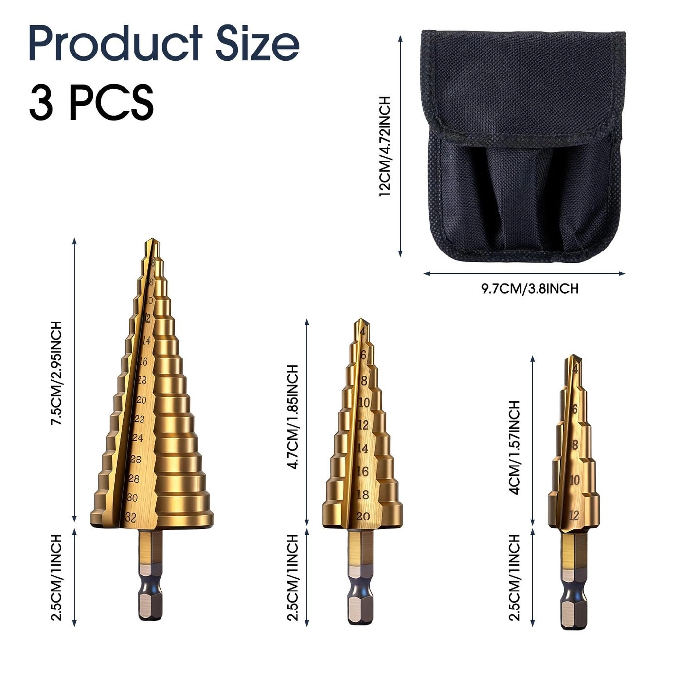 Step Drill Bit Set - Titanium Coated High Speed Steel 3 Pieces Metric 4-12mm/4-20mm/4-32mm