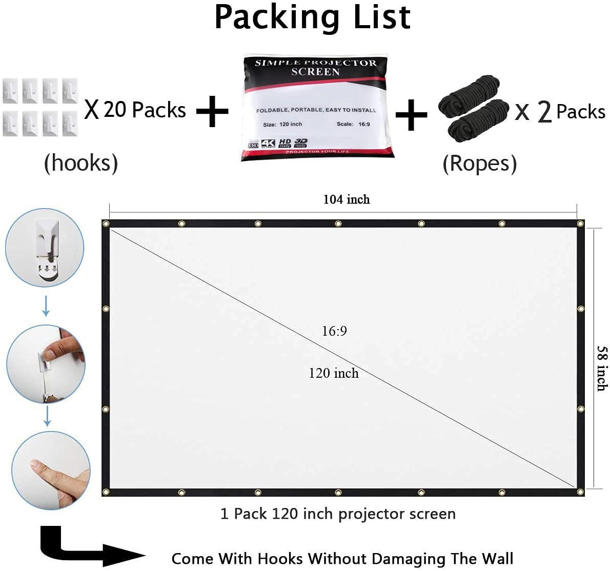 16:9 HD Foldable Anti-Crease Portable Projection Screen - Dual-Sided Portable