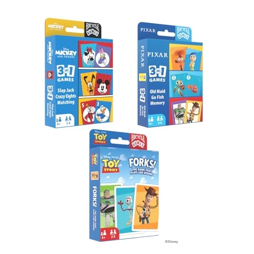 Mickey Card Games - 3-in-1 + Pixar Card Games - 3-in-1 + Disney Pixar Forks - Plays Like Spoons