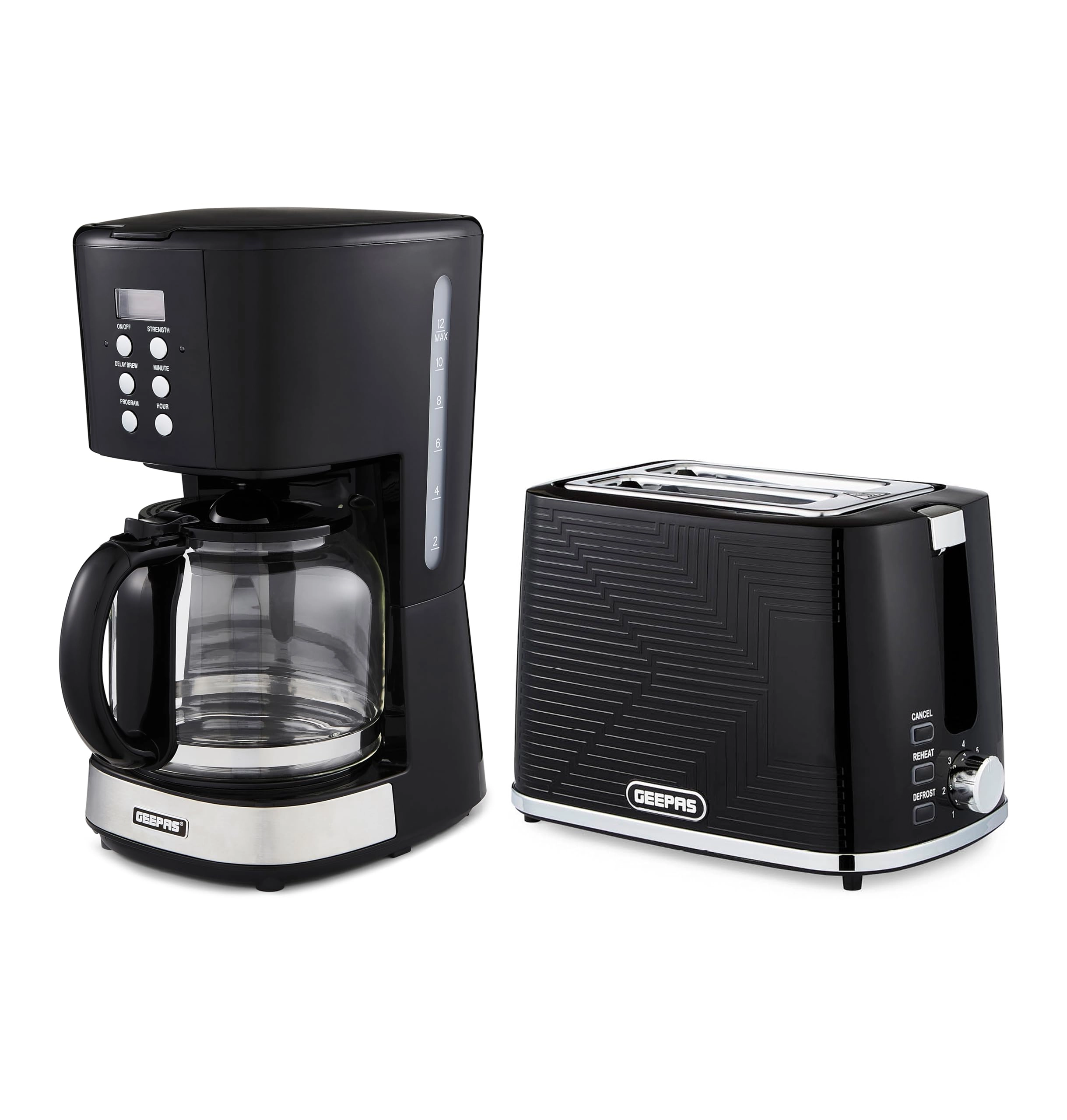 GEEPAS Filter Coffee Machine - 1.5L Programmable + 2 Slice Toaster - 7 Browning Levels