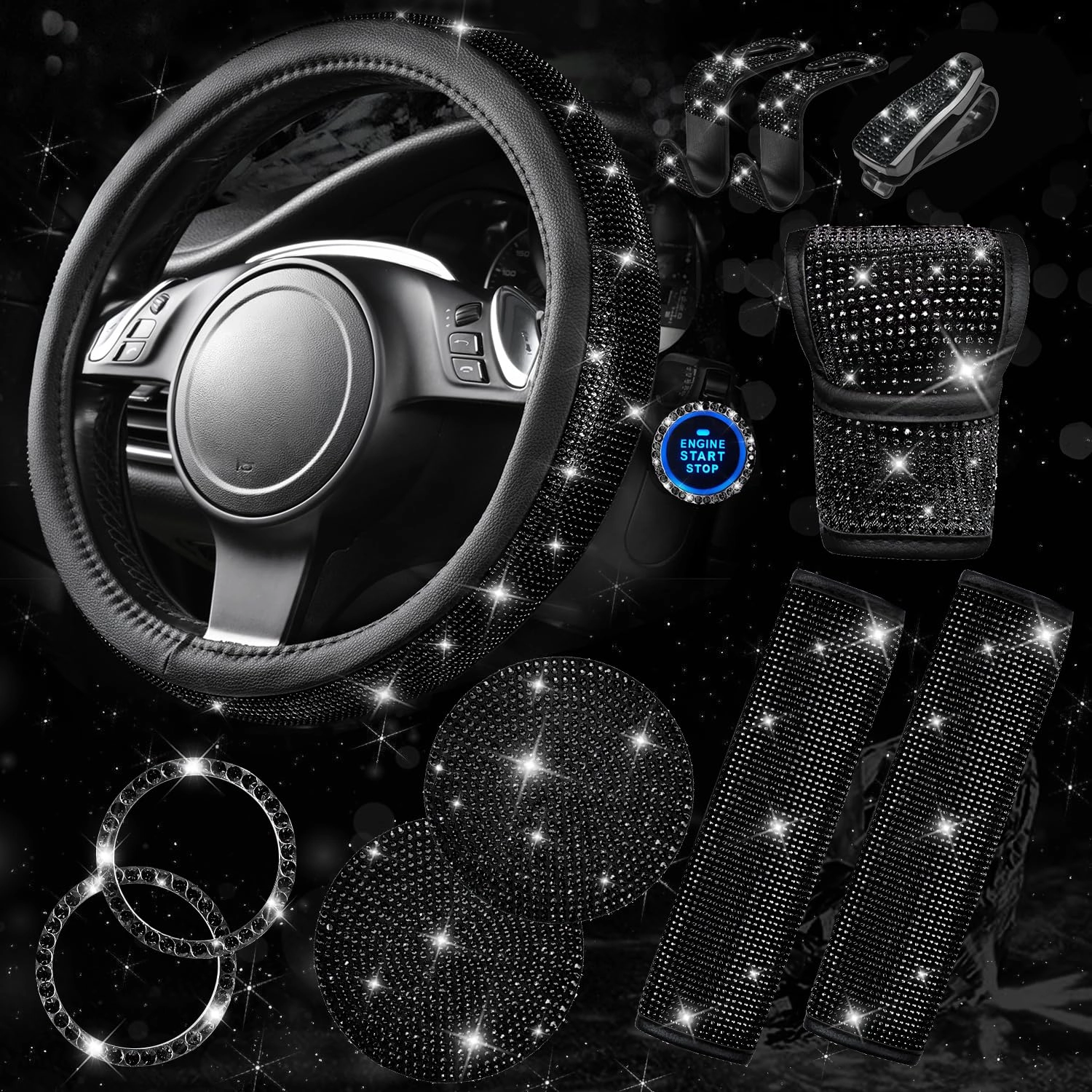 LJ Bling Diamond Car Accessories - 11 PCS Black Universal Fit Pack