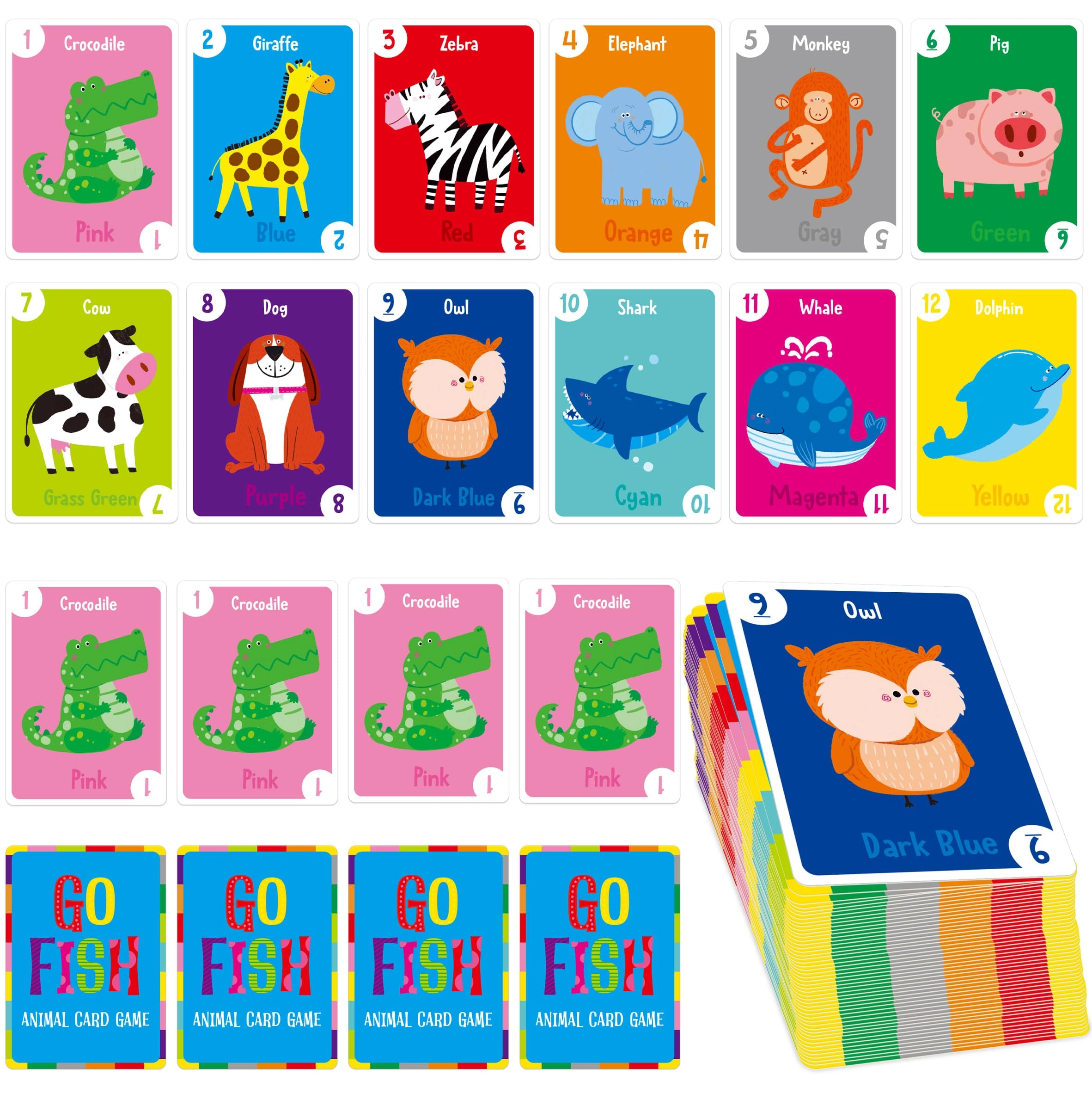 Gethelud Animal Go Fish - Card Game - 48 Cards 12 Designs