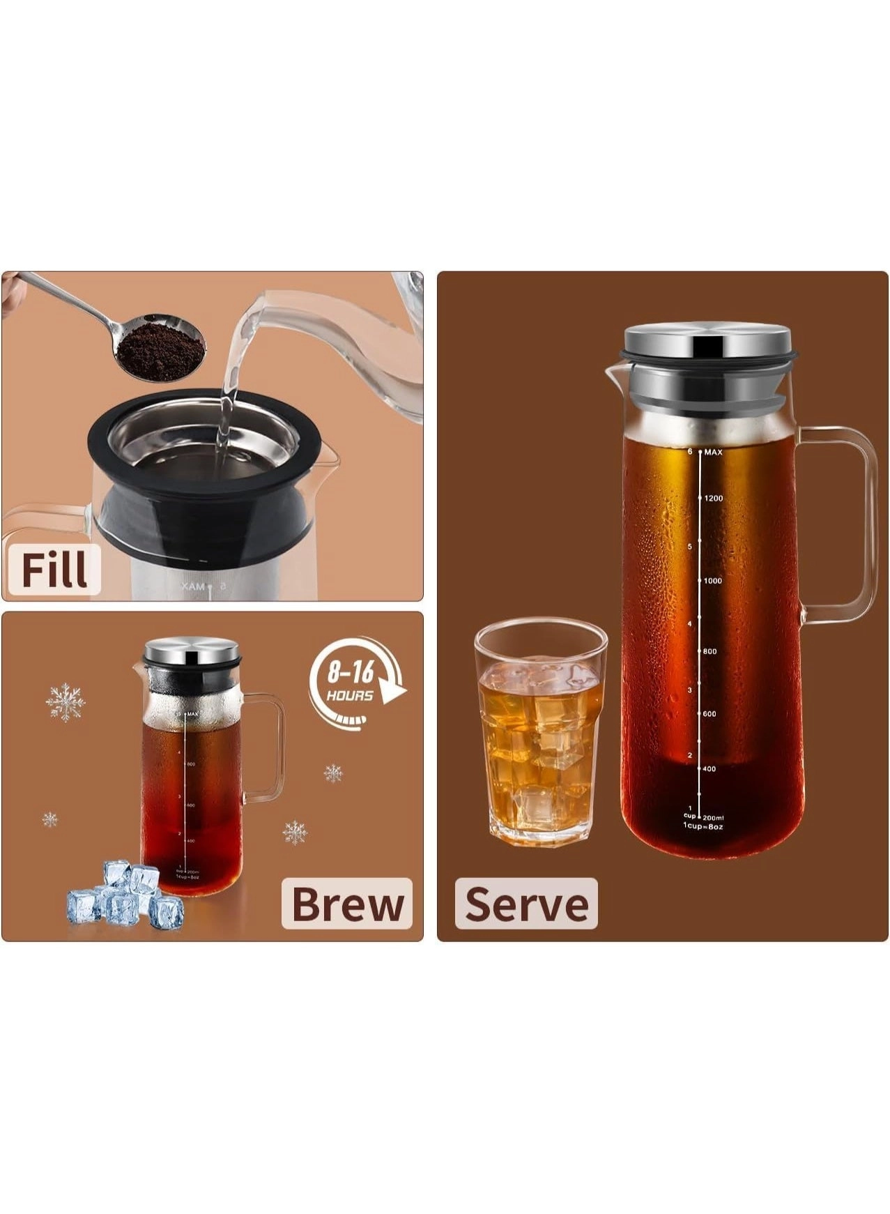 Cold Brew Pitcher - Glass Stainless Steel Filter Airtight