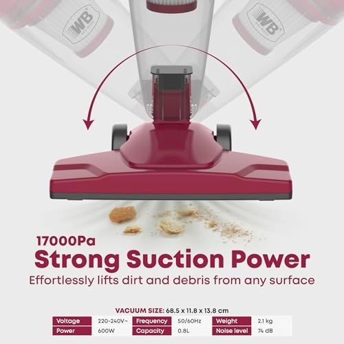 2-in-1 Handheld Stick Vacuum Cleaner - 600W 17000Pa 0.8L