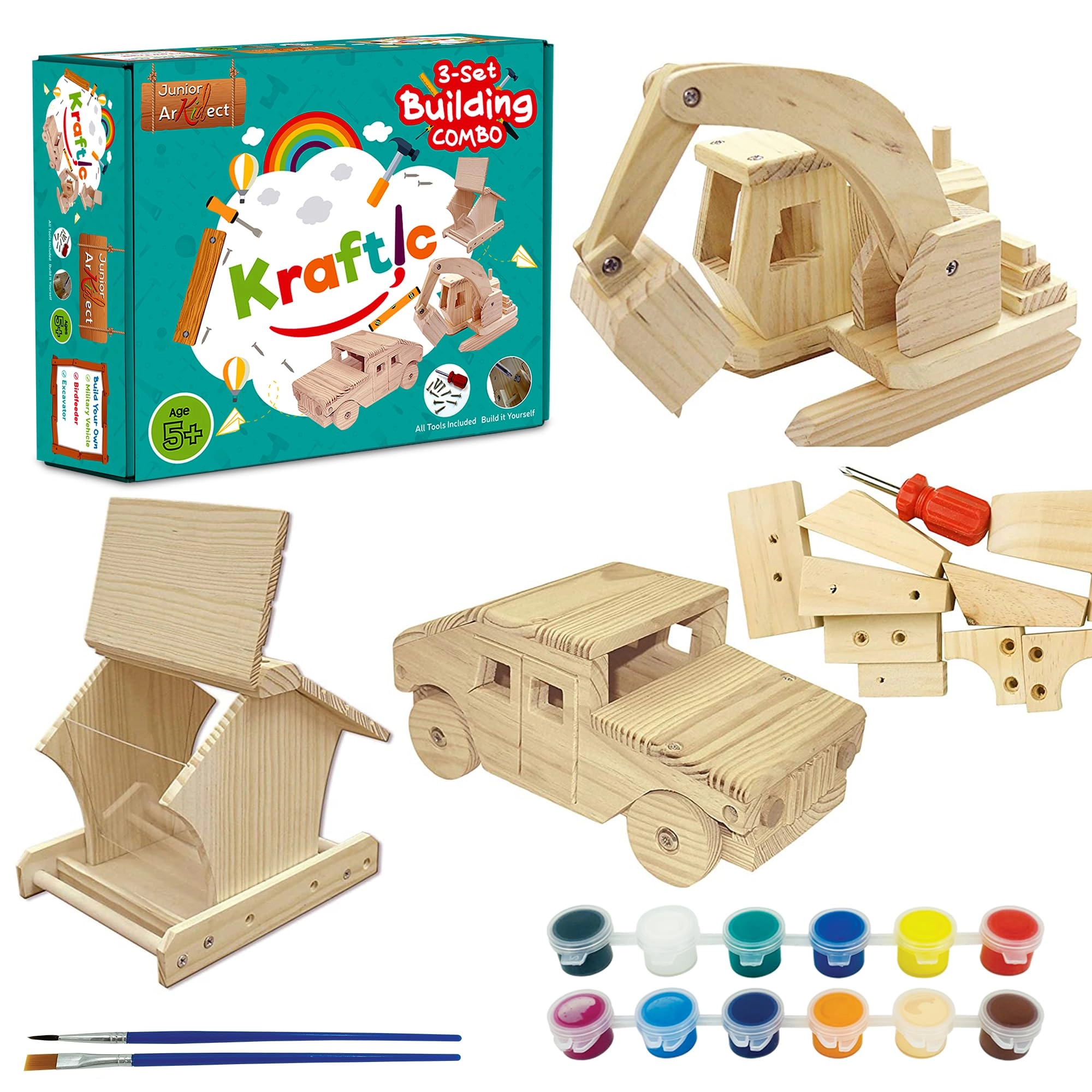 kraftic Woodworking Building Kit - for Kids 3 DIY Carpentry Wood Toy Projects
