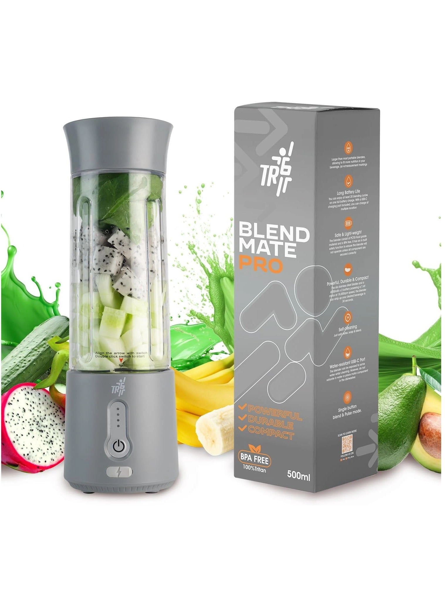 TR6 Blendmate Pro - Portable Blender USB-C 4000mAh Handle Lid (Grey)
