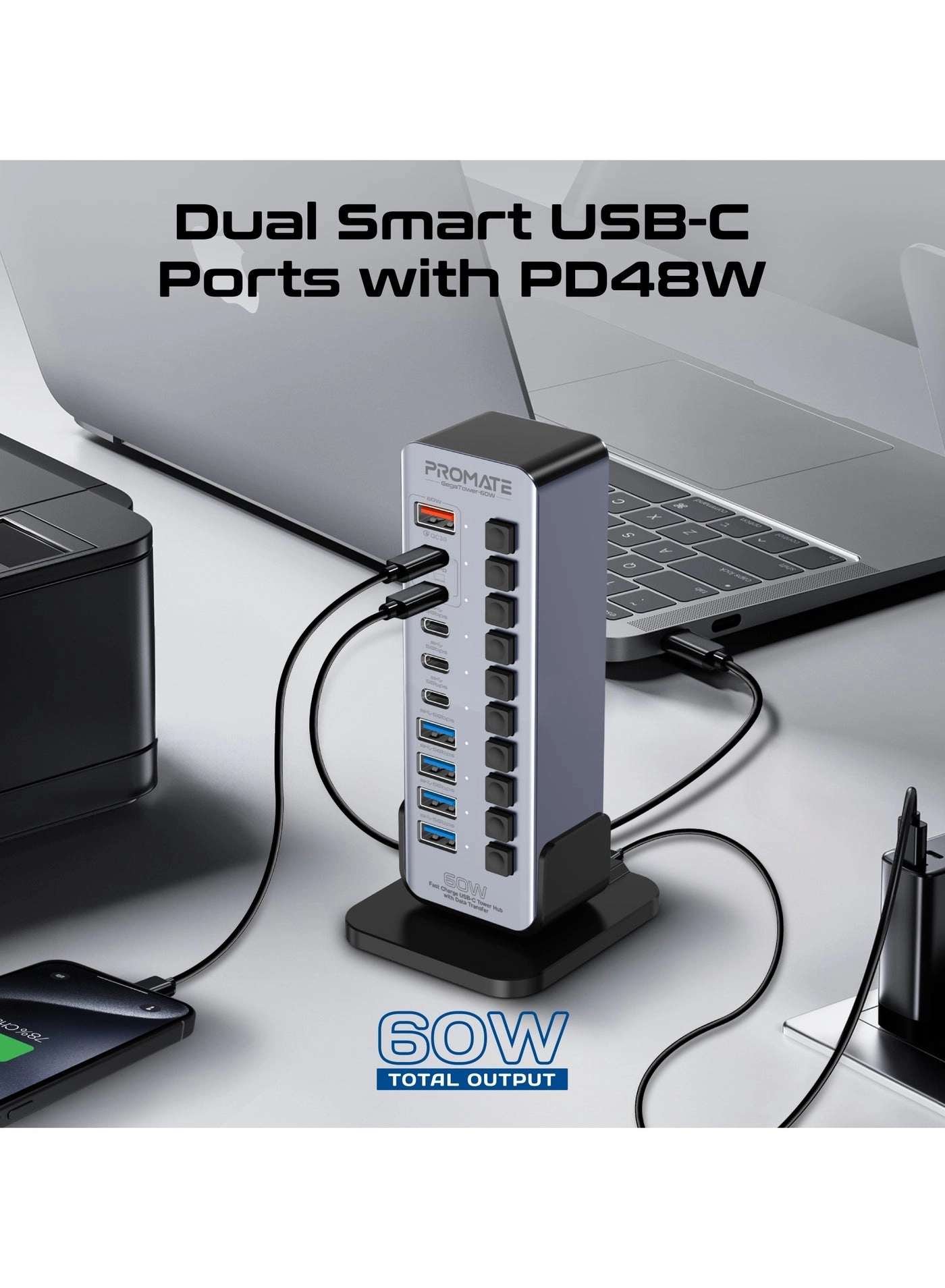 Promate GegaTower-60W - 14-In-1 USB-C Tower Hub