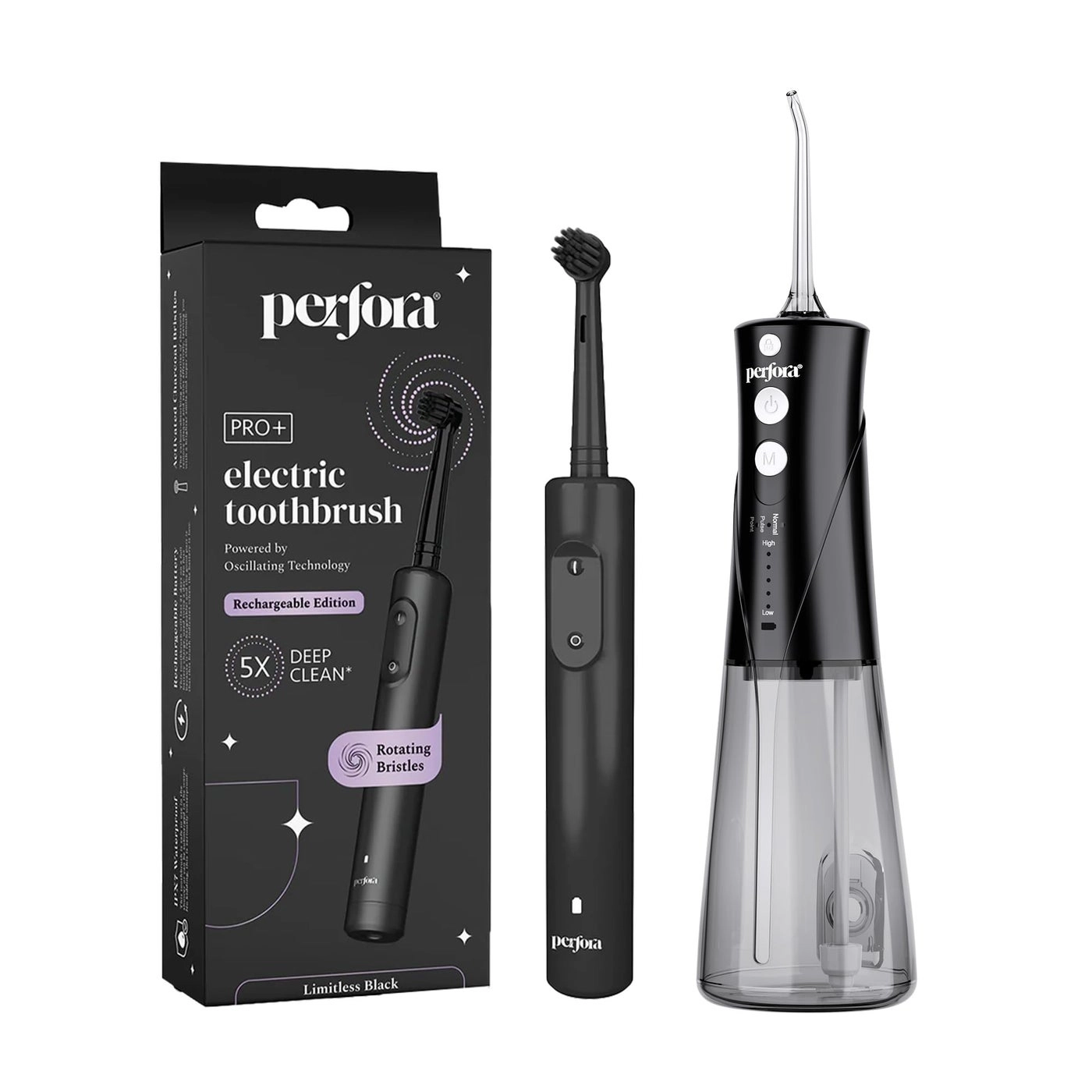 Perfora Power Dental Water Flosser - 8 Pressure Settings 2 Nozzles + PRO Oscillating Electric Toothbrush - 360° rotating brush head 8800 RPM