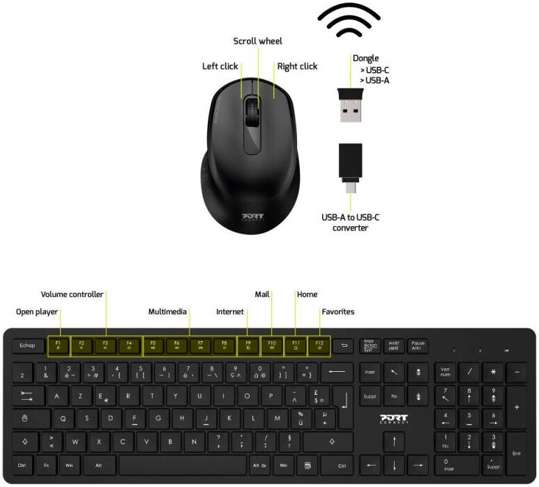 PORT CONNECT AZERTY Keyboard - 2.4GHz Wireless USB-A/C + Mouse - 2.4GHz Wireless