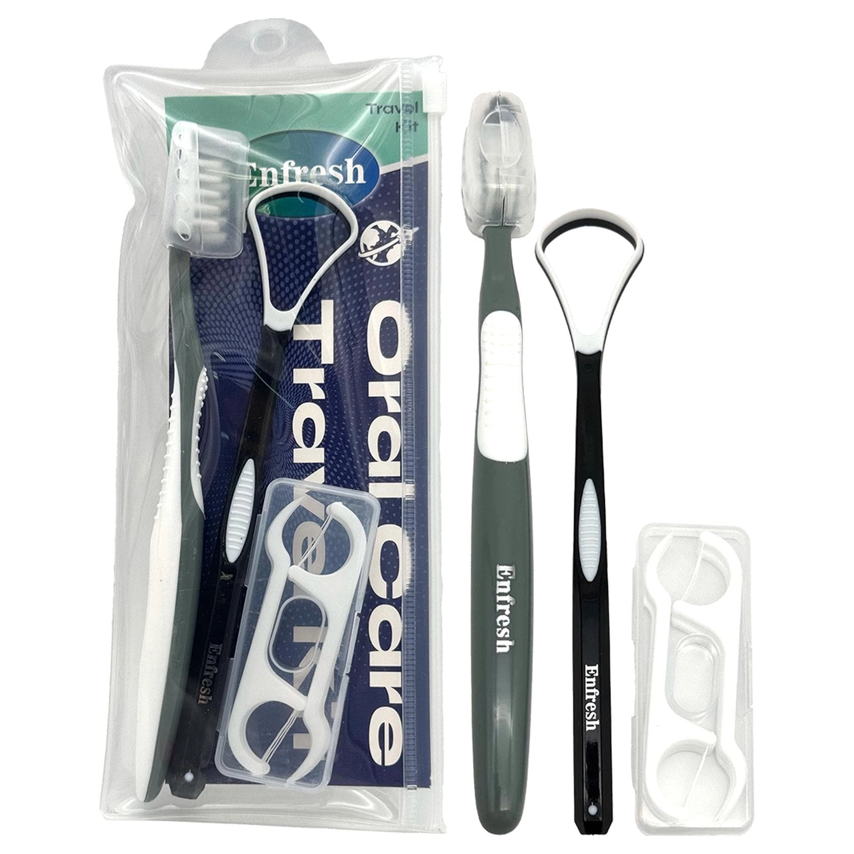 ENFRESH Toothbrush - Travel Sizes + Toothpaste - Mint + Dental Floss + Mouthwash - Mint