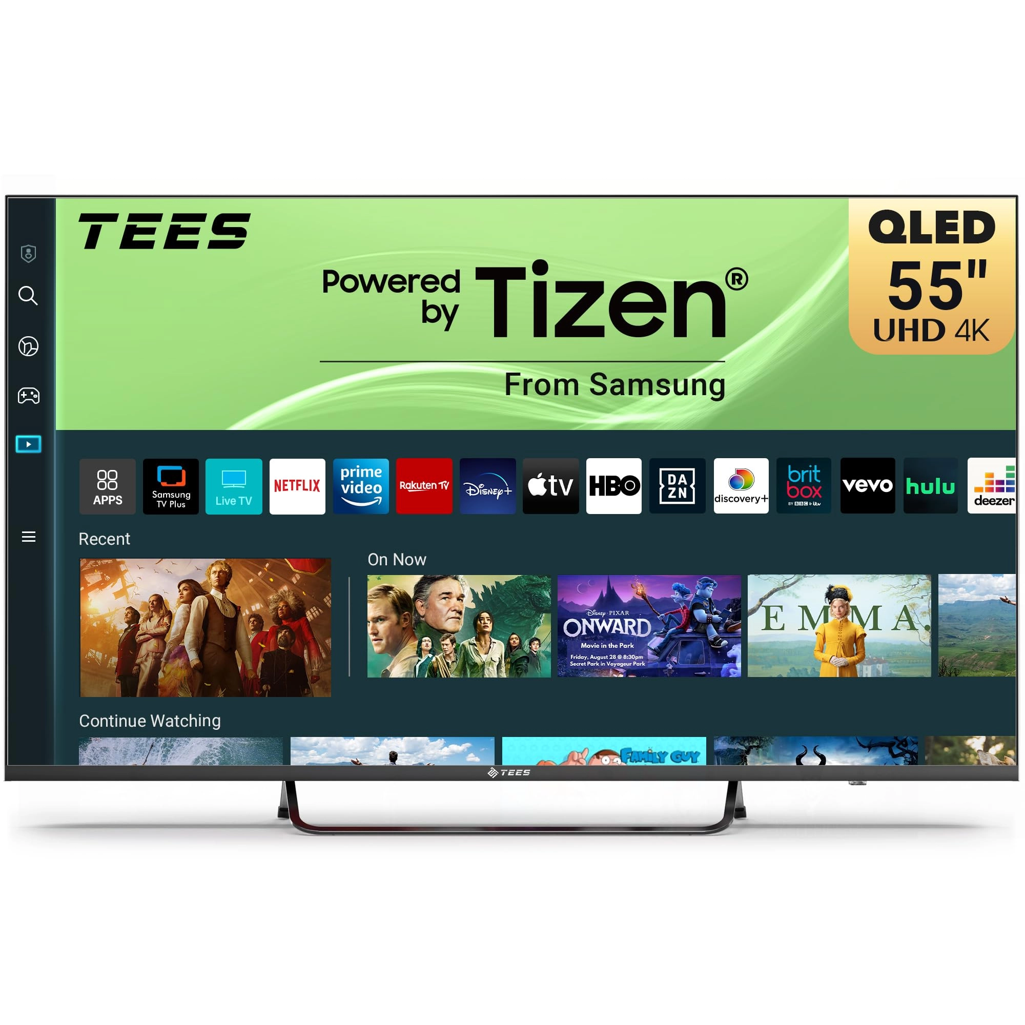 Tees 55 inch 4K QLED Smart TV, MEMC HDR10 Tizen OS UHD Central Stand Design Television with Apple TV+ BBC Netflix Freeview Display Plus Gaming Hub, Ideal Large Screen for Living Room, Made in the UK