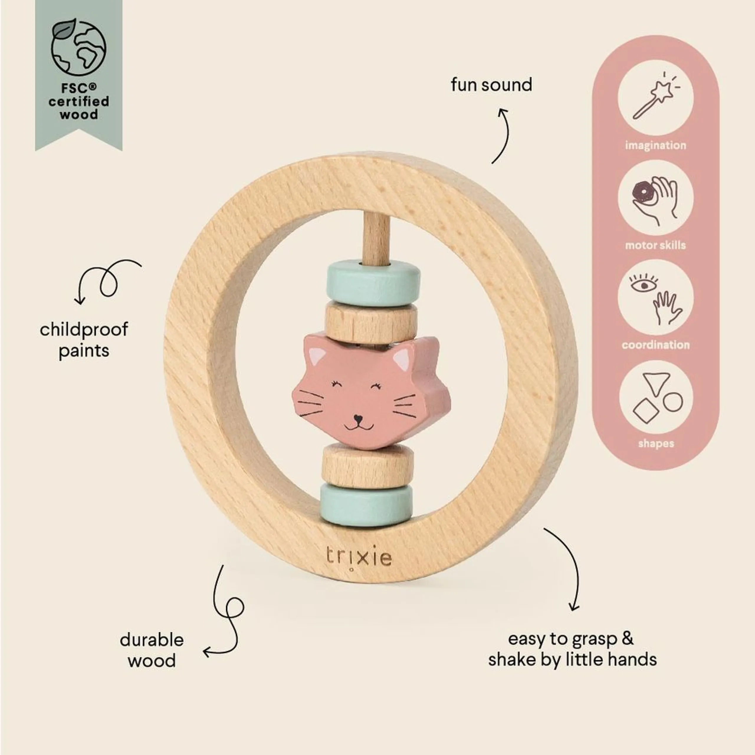 Wooden Round Rattle - 6 months 100% FSC certified beech wood Mrs. Cat