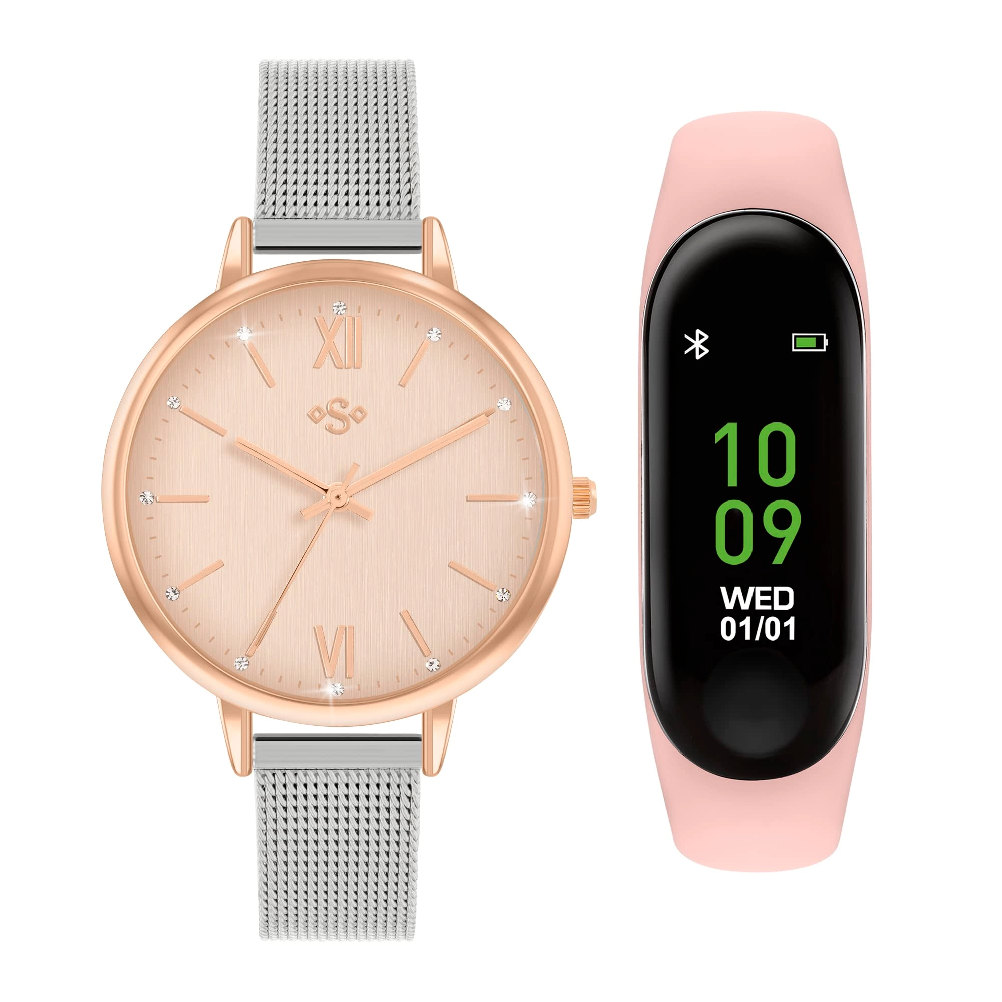 Peers Hardy Watch - Silver Mesh Strap Pink Sunray Dial + Activity Tracker - Pink Silicone Strap Colour Touch Screen