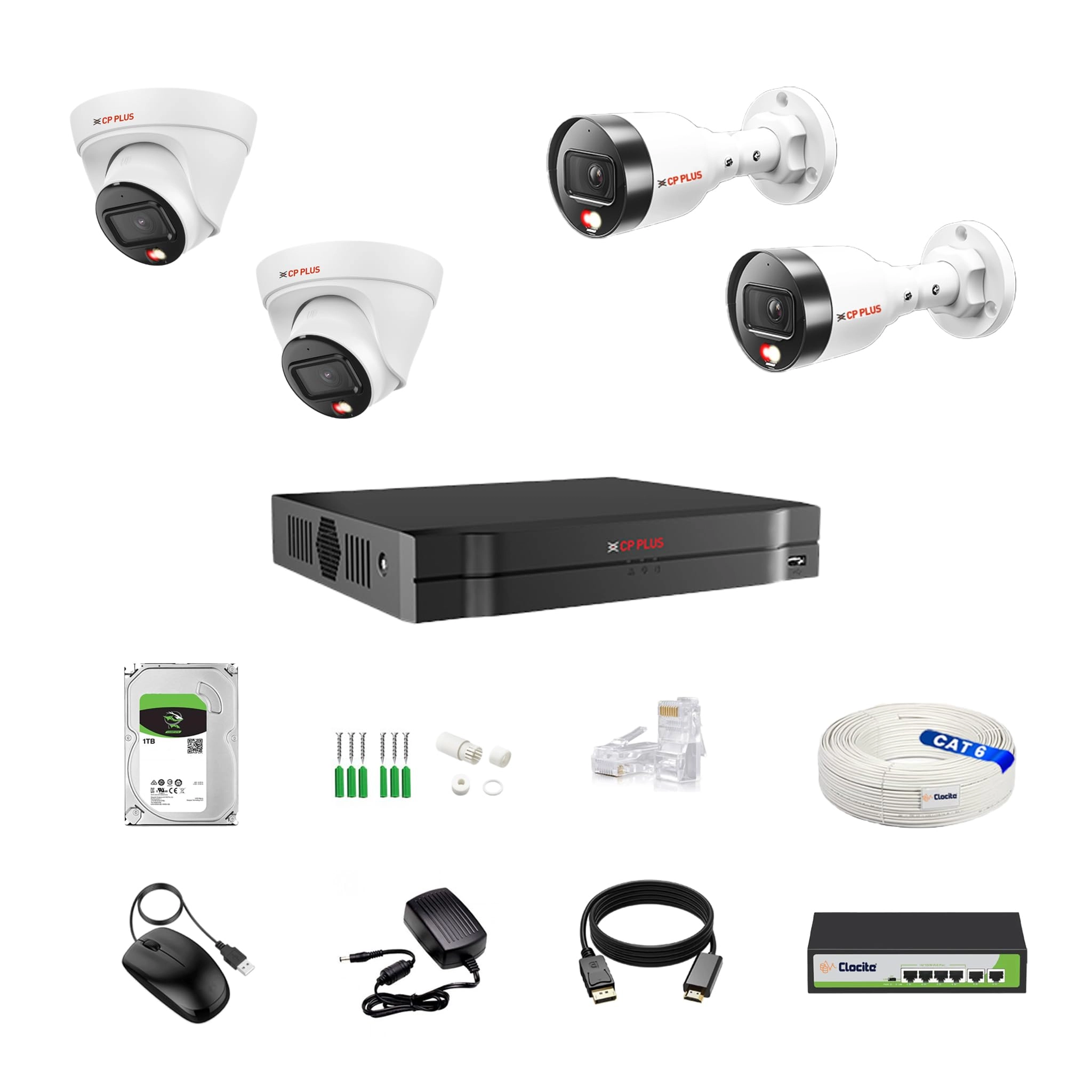 Aditya Infotech Ltd 4 CH AI NVR + 2MP 2 Dome 2 Bullet IP Cameras - 4 Cameras + 1 TB HDD + 4+2 POE Switch + CAT 6 Cable