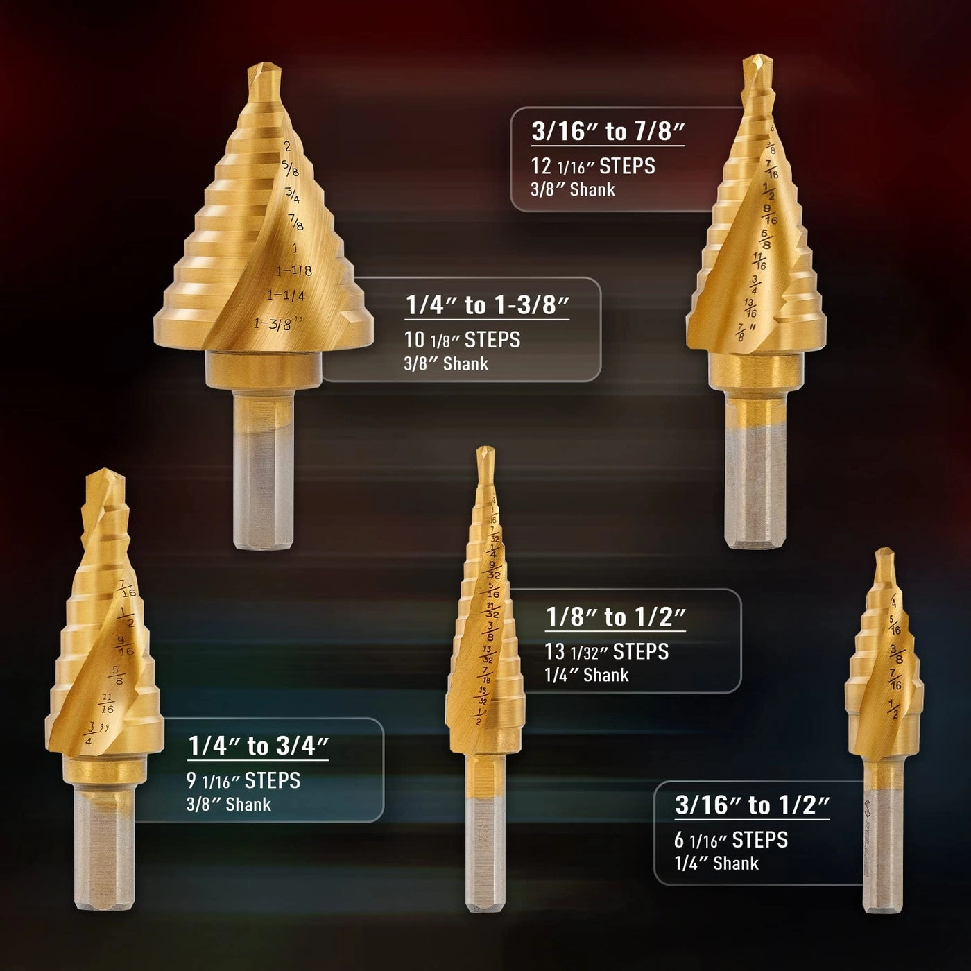 Step Drill Bit - 5PCS Titanium Spiral Grooved