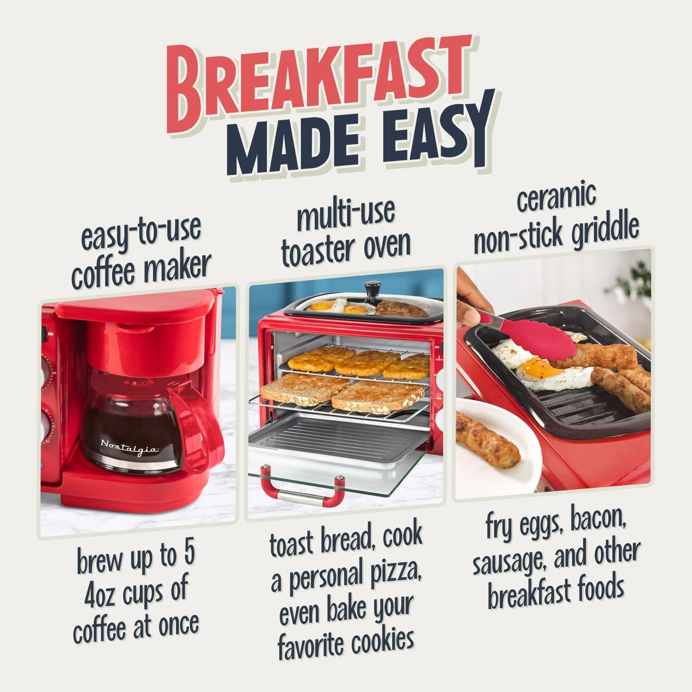 3-in-1 Retro Breakfast Station - 5 Cups Non-Stick Ceramic Griddle 4-Slice Toaster Oven