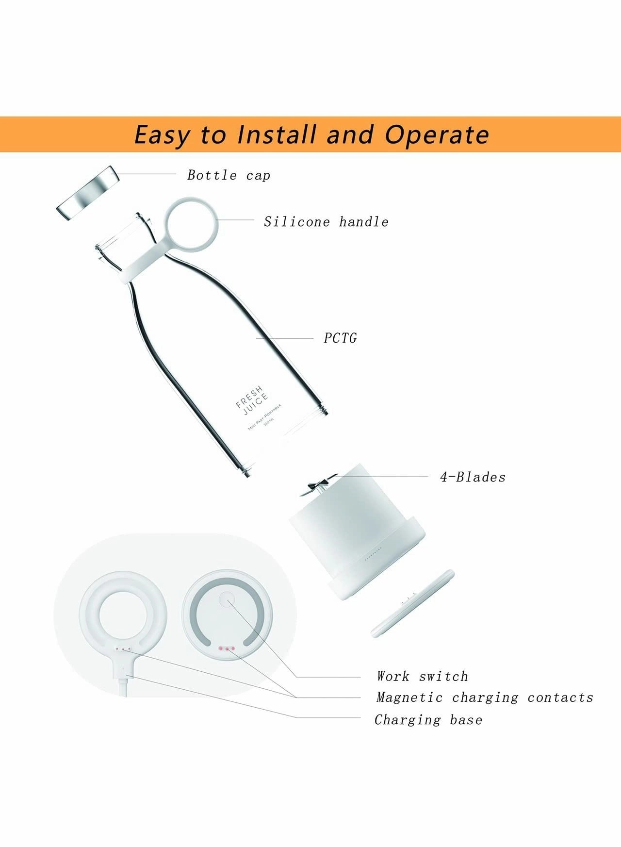 Portable Blender - 4 Blade Wireless Charging Personal Size