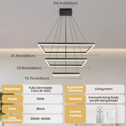 Modern LED 3-Square Chandelier - 3000K-6000K Dimmable