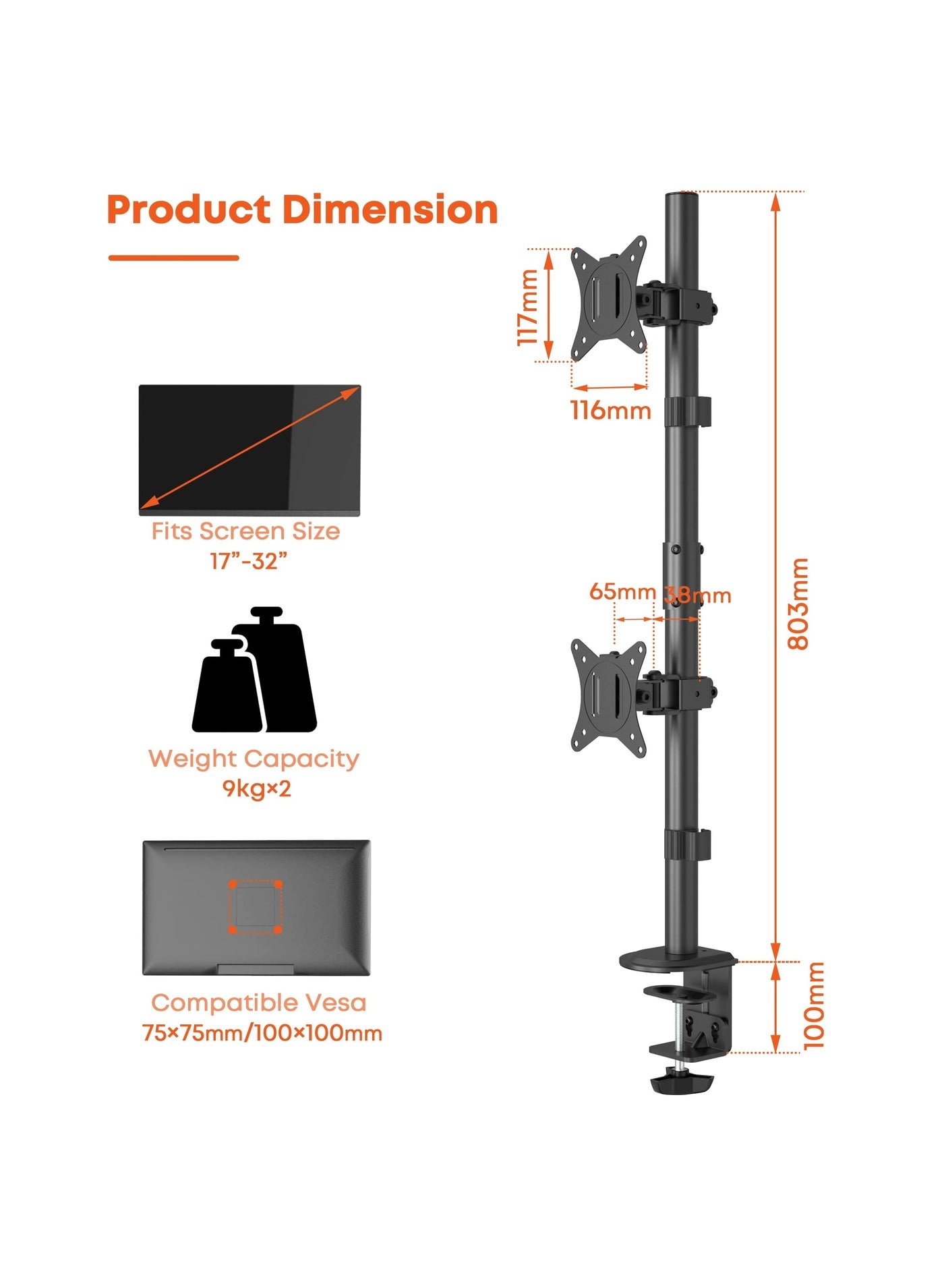 Dual Monitor Stand - 32 inch 75mm x 75mm 100mm x 100mm