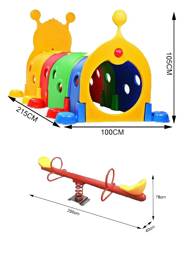 Spring Rider + Round Trampoline - 8FT + Caterpillar Tunnel + Slide and Swing Playground Set + Two Seater Seesaw