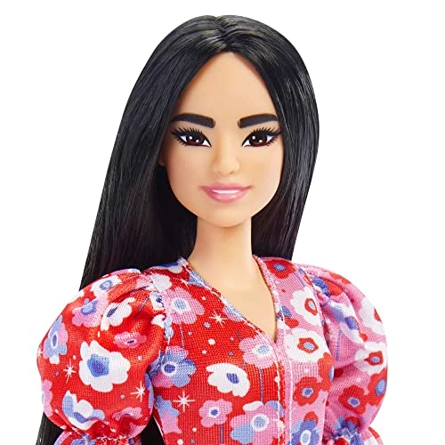 Barbie Fashionistas - Long Black Hair Color Block Floral Dress Strappy Purple Heels Ages 3+