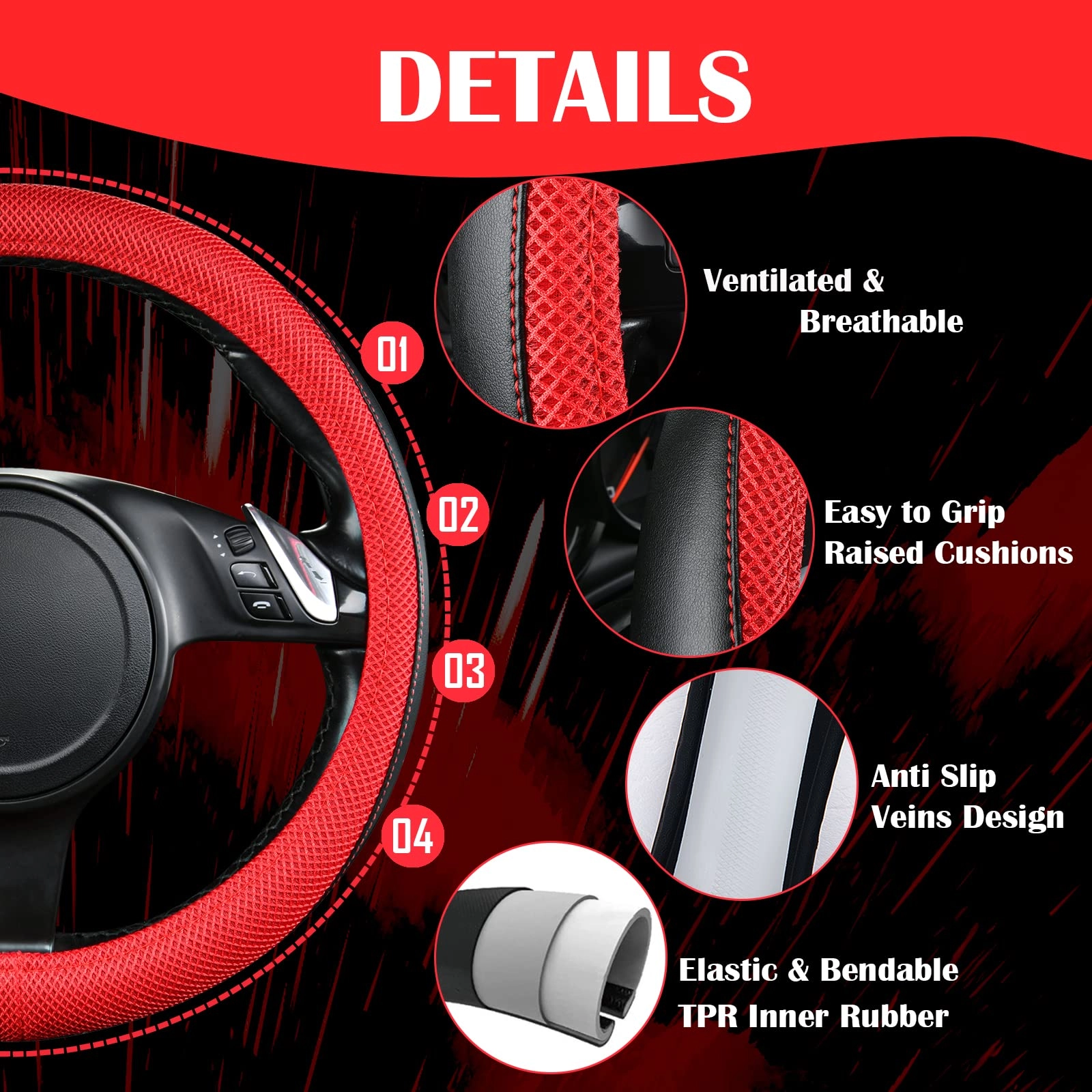 Car Seat Covers - Air Mesh Leather + Car Floor Mats - Waterproof + Steering Wheel Cover - Sporty