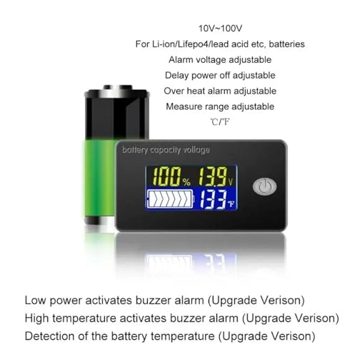 Battery Capacity Indicator - 10V to 100 V Temperature Monitor